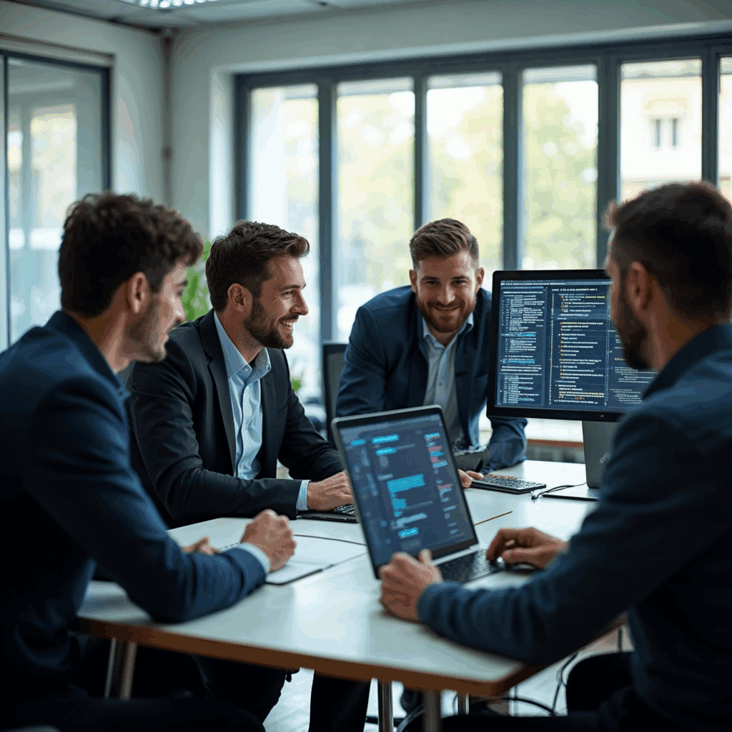 The pentesters are collaborating around a table and near computer screens, discussing vulnerabilities in a mobile application and explaining findings to each other.